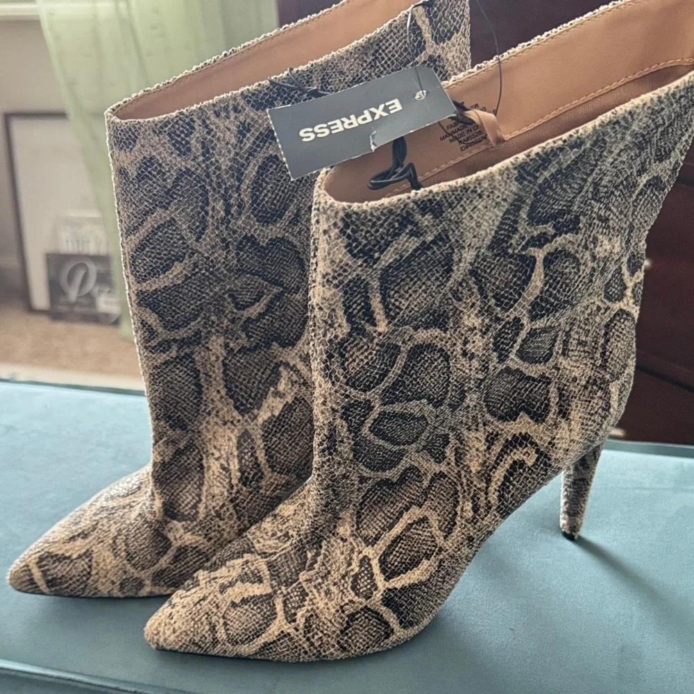Express Textured Snake Print Booties - Tan and Black